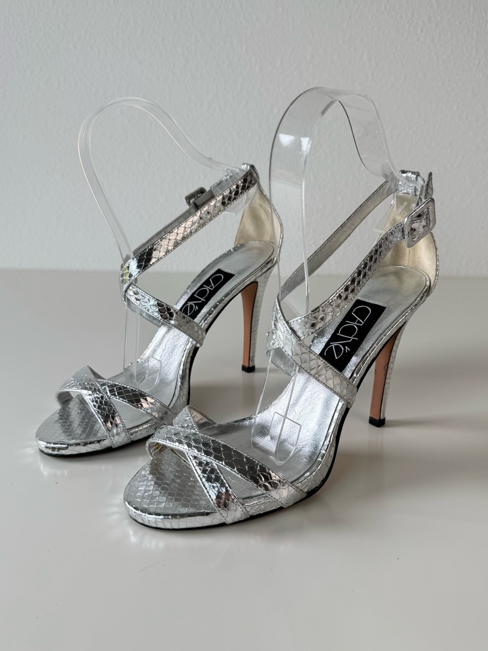 CACHE Silver Faux Snakeskin Heels Size 8 Strappy Stilettos Vintage Y2K